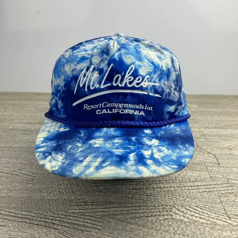 Vintage 90s Mt Lakes California Hat Cap Strap Back Adjustable Blue Tie Dye Adult